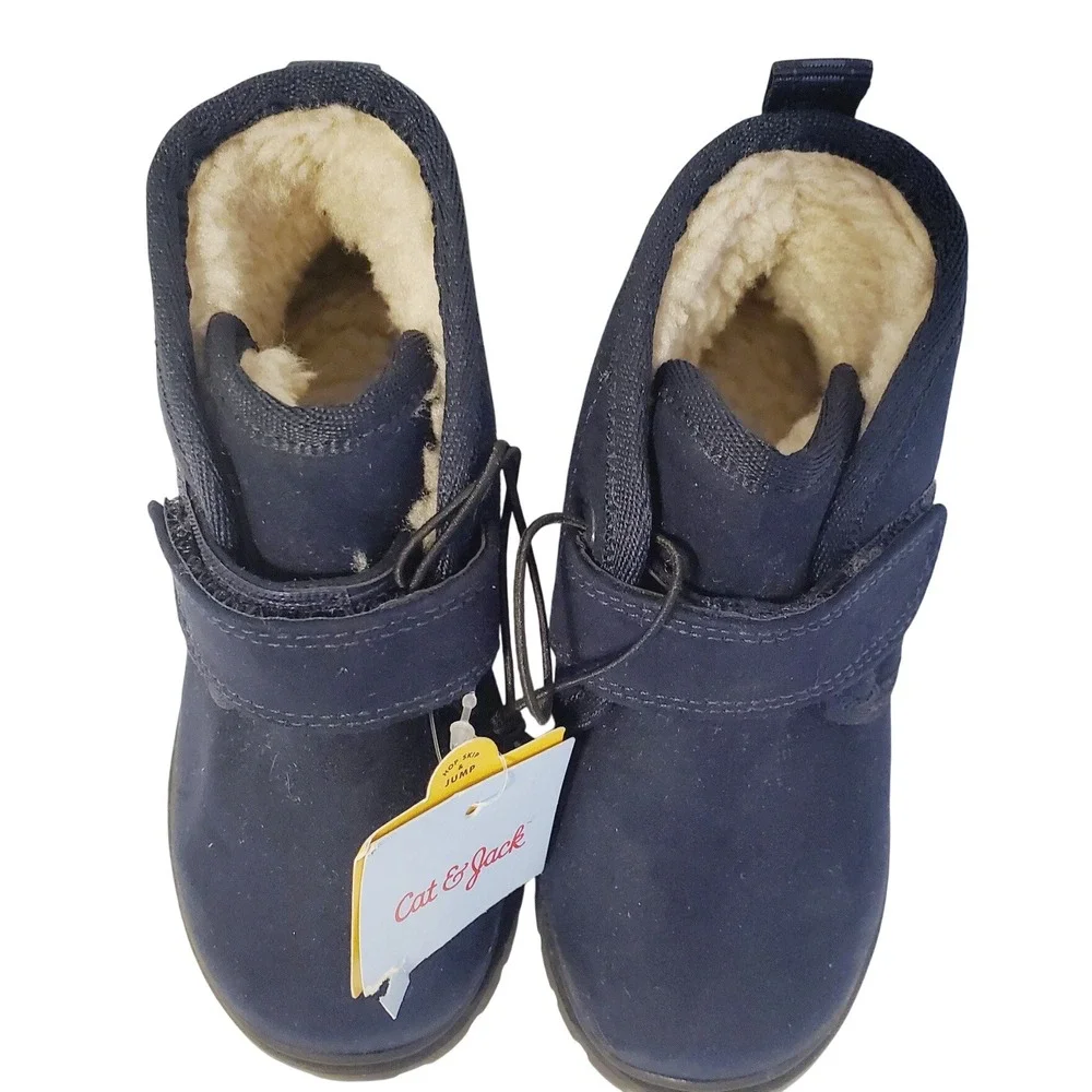 Cat & Jack sz 7 Toddler Navy Blue Faux Fur Lined Boots Hook Loop Strap NWT